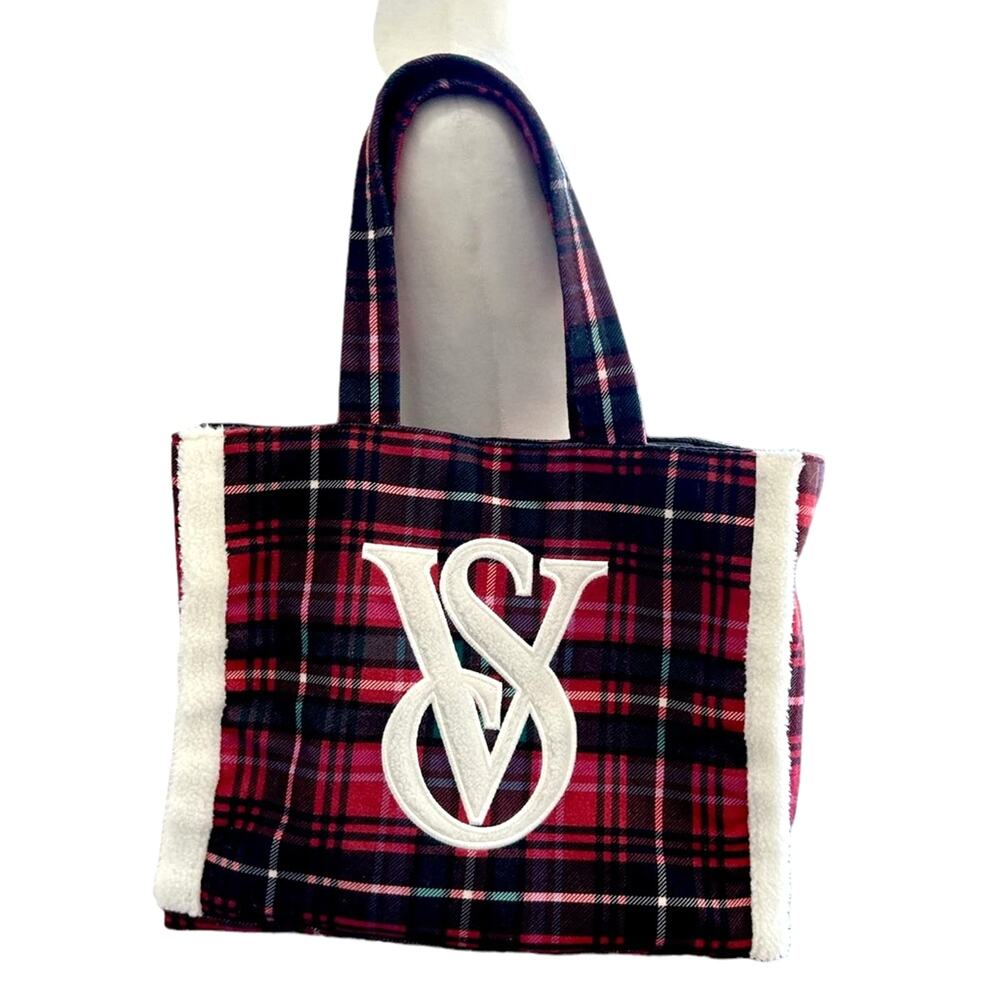 Victorias Secret Plaid Holiday Tote Bag Large Red Preppy Christmas Sherpa